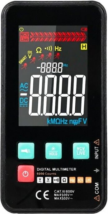 Tester digitale compatto e intelligente con supporto, 5999 conteggi, schermo LCD retroilluminato, misura tensione CA/CC,...