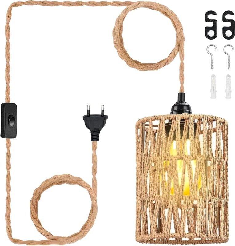 Pendelleuchte mit Stecker, 4,5 m lange E27-Rattan-Pendelleuchte mit Kabel, Vintage-Hängeleuchte für Küche, Balkon, Flur,...