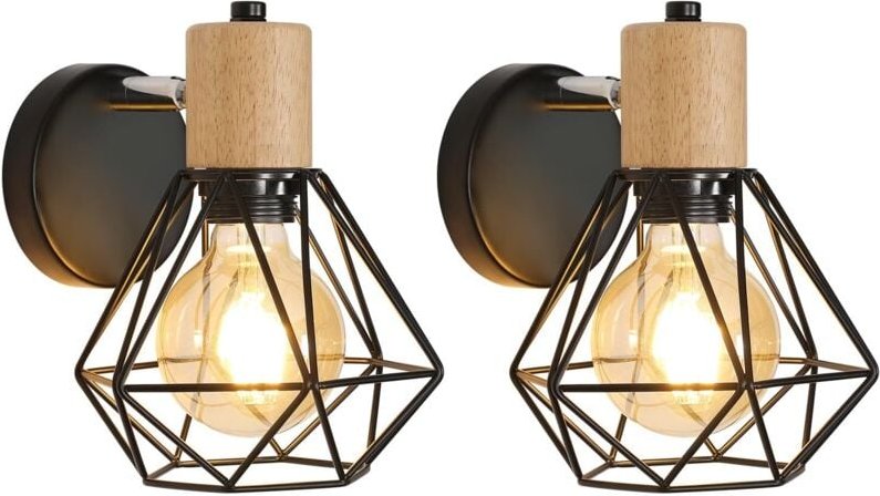 2er-Set Vintage-Industrie-Wandleuchten, 360° verstellbare Wandlampe aus Holz, E27-Wandleuchten aus Metall und Eisenkäfig...
