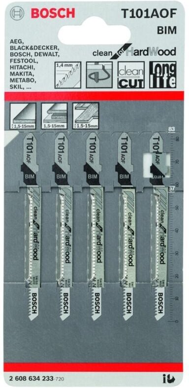 Bosch - Accessories 2608634233 Stichsägeblatt t 101 aof Clean for Hard Wood, 5er-Pack 5 St.