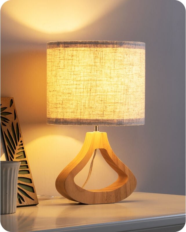 EDISHINE Nachttischlampe aus Holz mit E27 Leuchtmittlel, H34cm, 2700K Warmweiß, Tischlampe mit Lampenschirm aus Leinen, ...