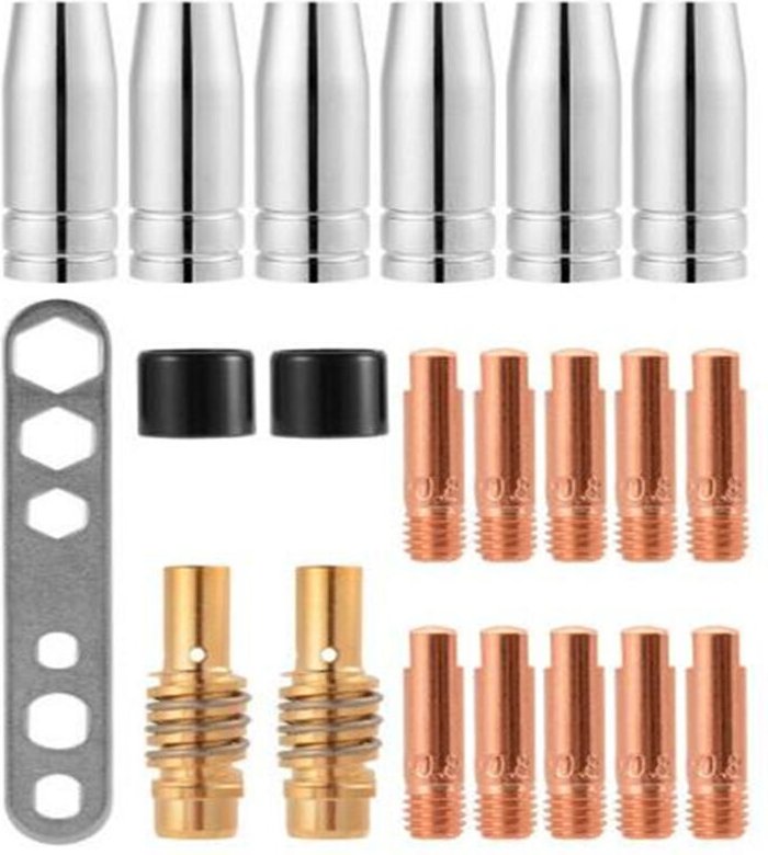 Set mit 21 Gasanschlusshaltern für MIG/MAG 15AK Schweißdüsen, M6 Kontaktspitzen 0,8 x 25 mm (10 Kontaktspitzen, 6 Düsen,...