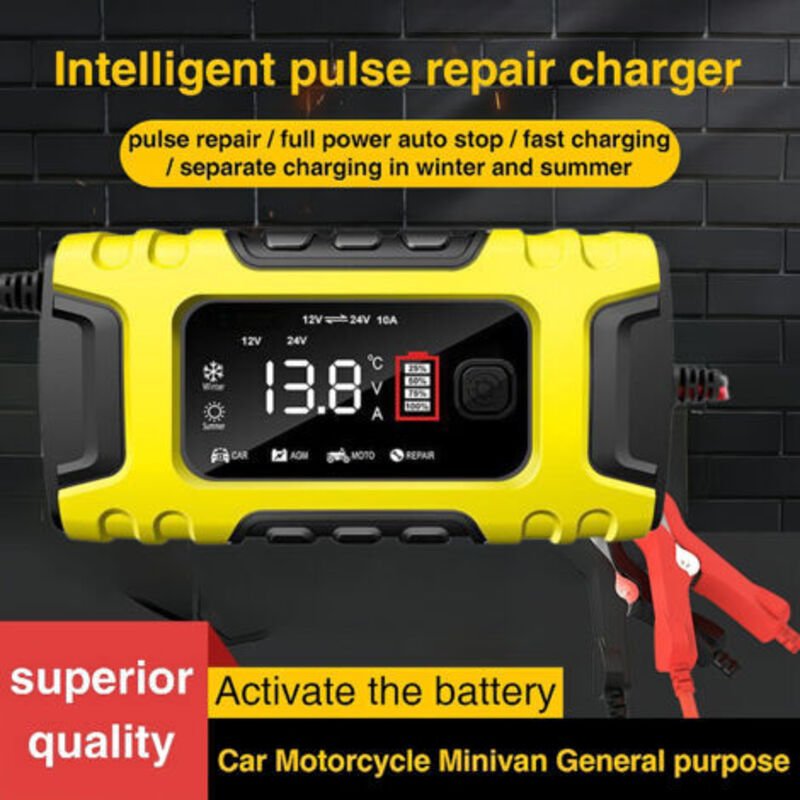 12V 24V 10A Gelbes 12V/24V 10A Batterieladegerät, 12V Auto-/Motorradbatterieladegerät, kompatibel mit Blei-Säure-Batteri...