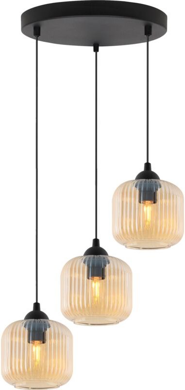 Riffle Schwarze Hängelampe 3 Flache Honigfarbige Lampenschirme Zylinder E27