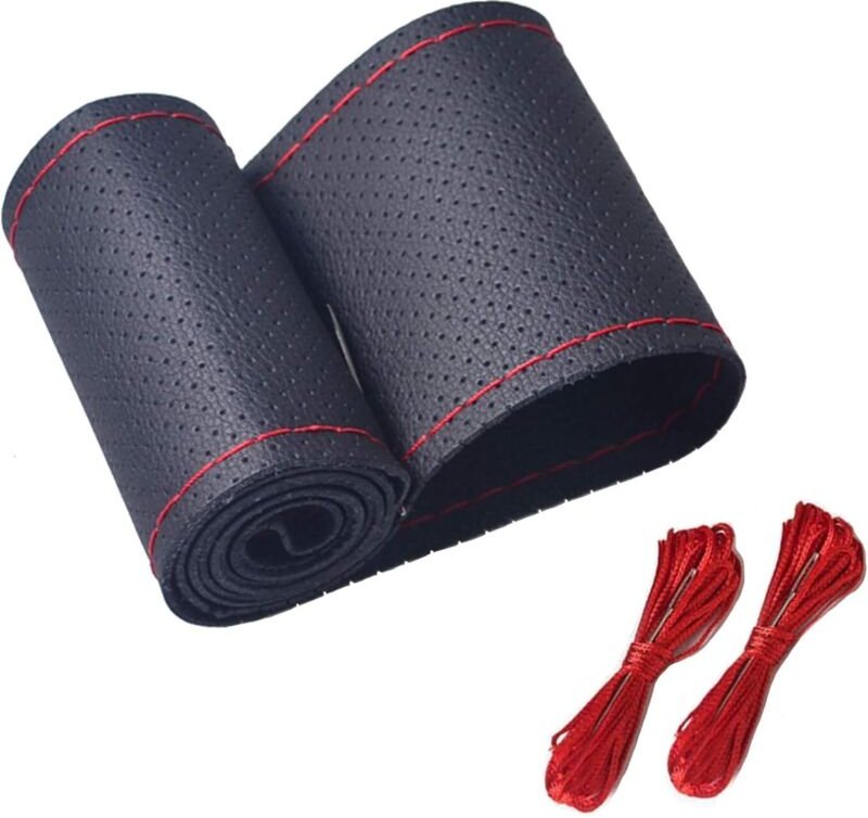 Universal-Lenkradbezug aus Leder fürs Auto, DIY-Nähte, atmungsaktiv, rutschfest, 38,1 cm (Schwarz/Rot)