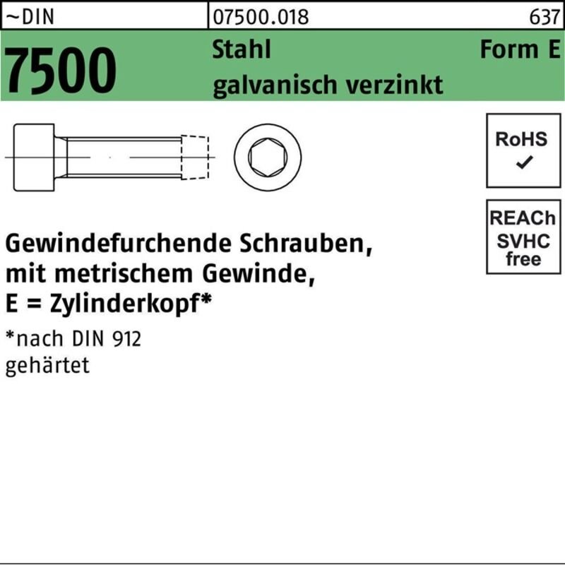 DIN 7500 Form E Gewindefurchende Zylinderkopfschraube VG M4x10 Stahl galvanisch verzinkt Innensechskant 2000 Stk