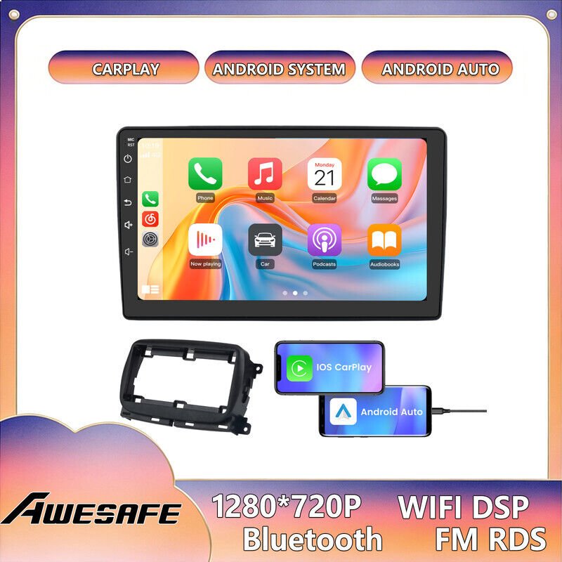 AWESAFE Autoradio Android 13 für Fiat 500 (2016-2019) 6GB+128GB 9'' Touchscreen Bluetooth Carplay Android Auto GPS WiFi ...