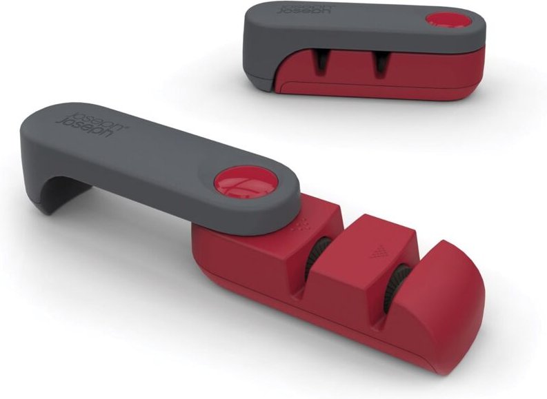 Memkey - Kompakter Messerschärfer mit Stahlklinge – Kompakter Küchenmesserschärfer – Grau und Rot (1 Stück)
