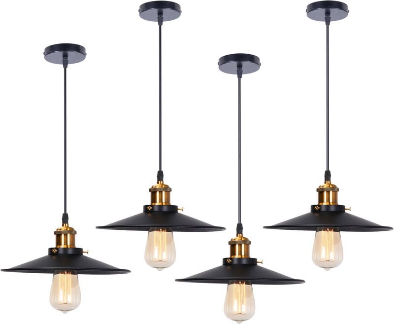 4er Pendelleuchte Schwarz Hängelampe mit Ø26cm Lampenschirm Kronleuchter Art Edison Lampe E27 Fassung für Loft Wohnzimme...
