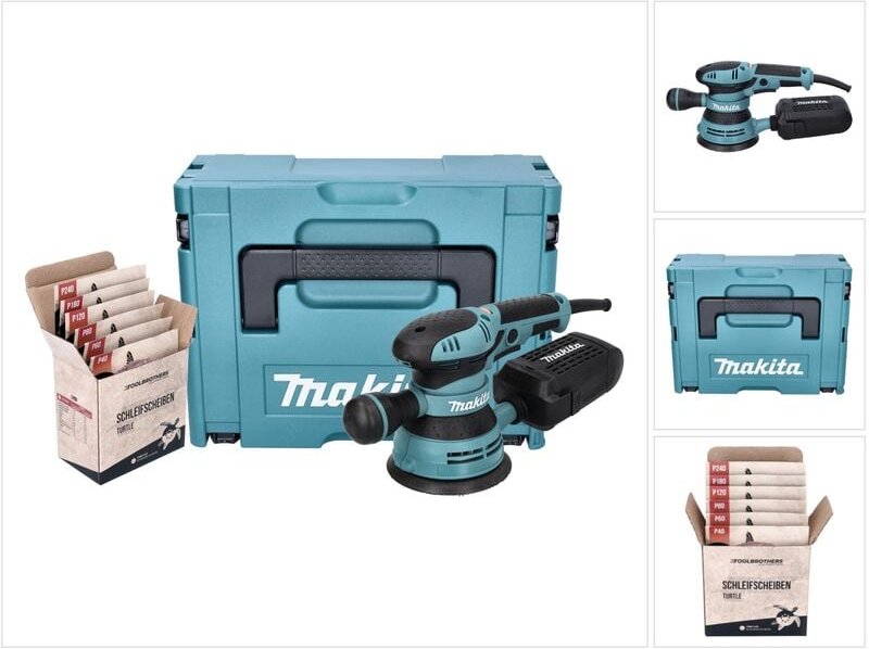Makita BO 5041 J Exzenterschleifer Schleifmaschine 300 W 125 mm + Toolbrothers TURTLE Schleifset + Makpac