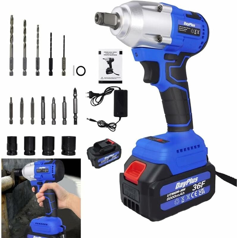Dayplus - Akku-Schlagschrauber 1/2 Zoll, 420N.m Max Drehmoment, bürstenlose Power Impact Gun, 6.0Ah Li-Ionen-Batterie mi...