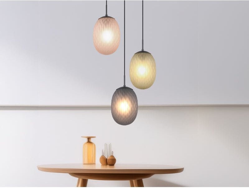 Led Pendelleuchte 3-flammig mit farbigen ovalen Glasschirmen, ø 43cm