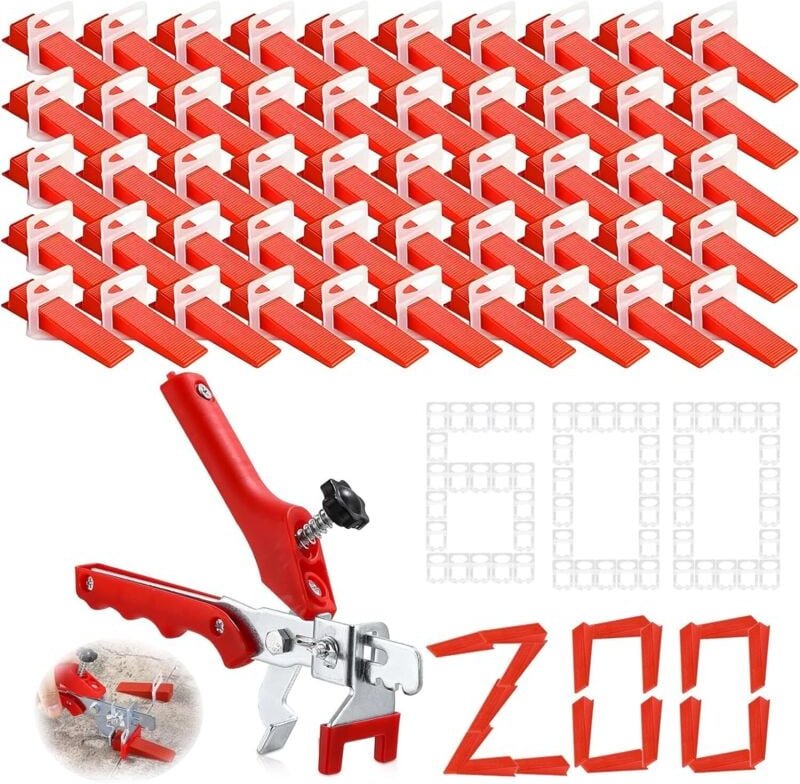 Fliesen-Nivellierset, 600 selbstnivellierende Kreuze 2 mm + 200 wiederverwendbare Fliesenkeile, 1 Zange, 1 Hakenmesser, ...