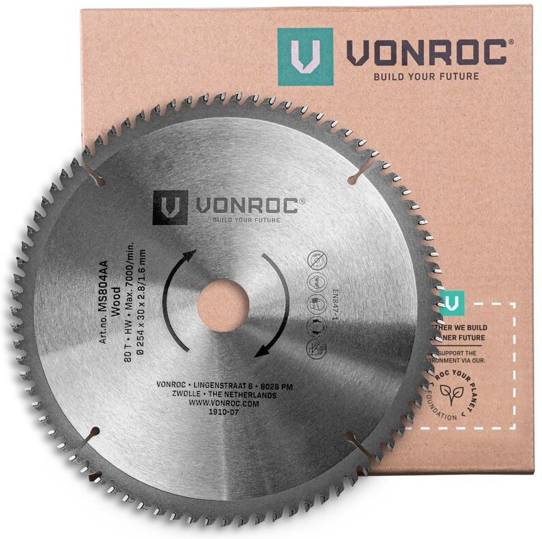 Vonroc - Sägeblatt für Kapp- und Tischsägen - 254 mm - 80 Zähne – für Holz – Universal