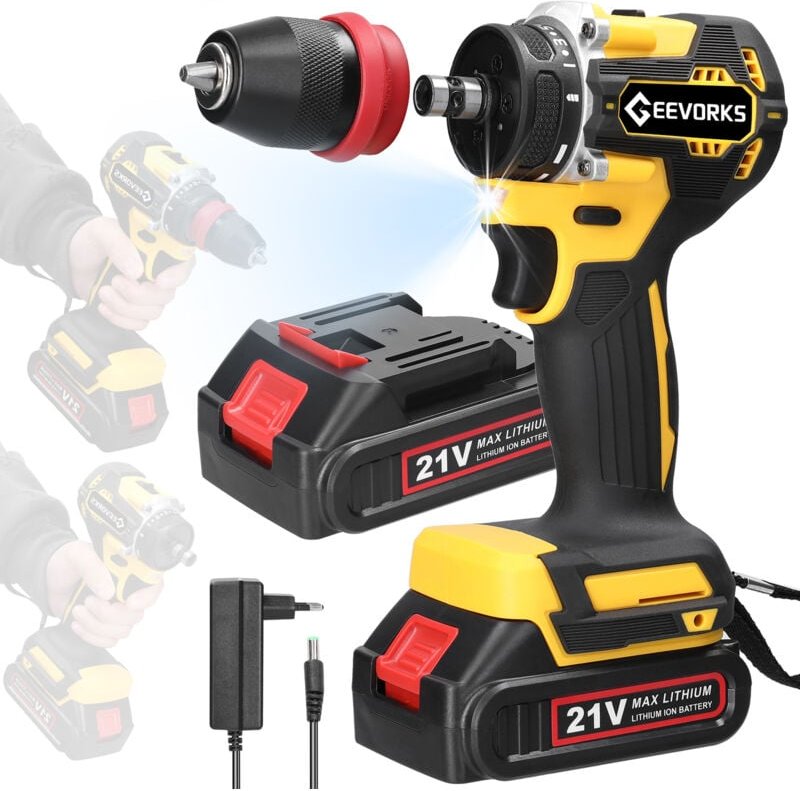 Thumbnail - Bürstenlose 21-V-Bohrmaschine, 2-in-1-Akku-Elektroschrauber, tragbare Lithium-Bohrmaschine, bürstenloser Motor, 2 Batter...