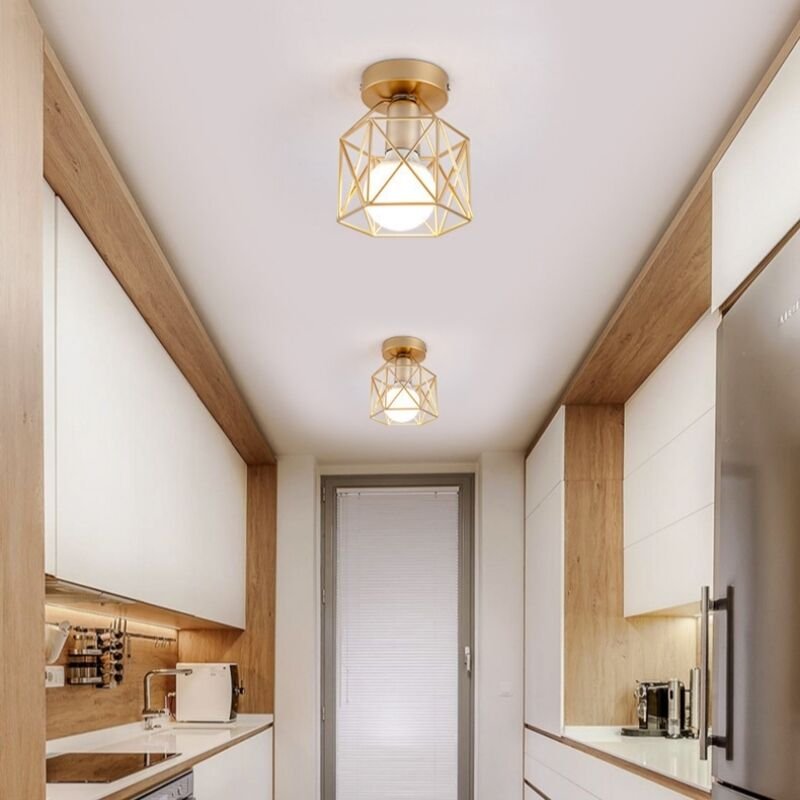 2 Stücke Vintage Industriell Deckenlampe Semi-Flush Mount Deckenleuchte Metall Käfig Hängeleuchte Gold Ø14cm