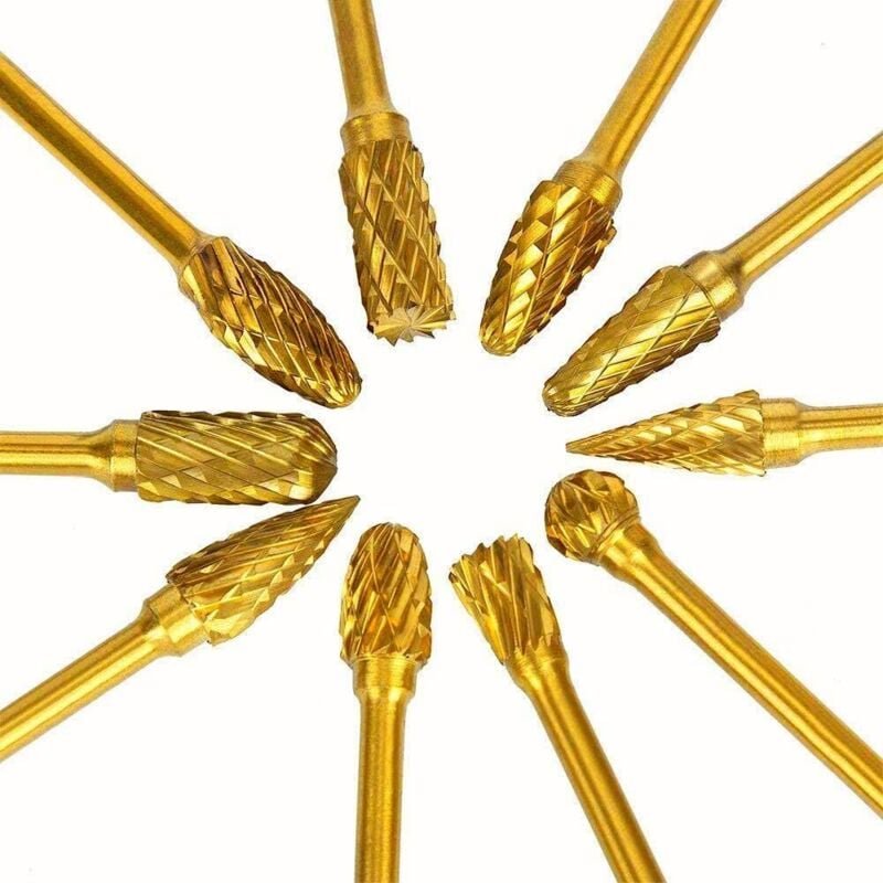 Lot de 10 fraises rotatives en carbure de titane à double coupe - Tige de 6 mm - Tête de 6 mm - En carbure de tungstène ...