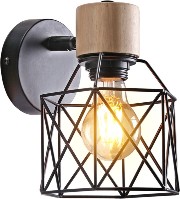Wandleuchte, Vintage Wandstrahler mit Ø14cm Würfel-form Käfig in Holz & Metal, Beleuchtung Einstellbare für Wohnzimmer S...