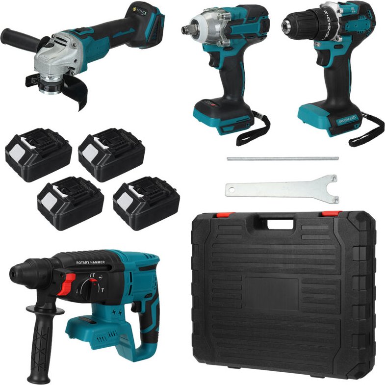 Packen Sie 4 Akku-Werkzeuge ein – Winkelschleifer + Bohrhammer + Schlagbohrmaschine + Schlagschrauber – 4 Akkus – 1 Lade...