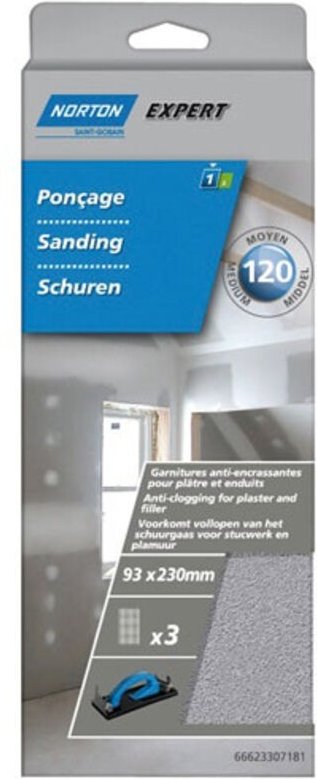 Spezial-Gipsplatten-Schleifpapier 93x230mm Körnung 120, 3 Stück - Norton