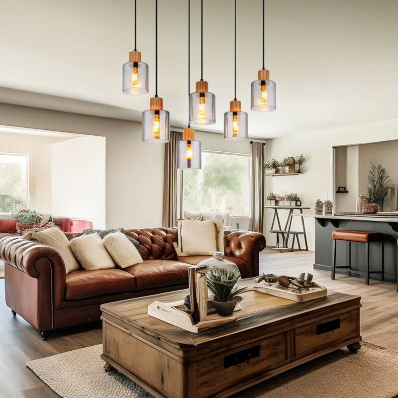 Pendellampe Esstischleuchte Rauchglas Wohnzimmerlampe Hängelampe 6 flammig Esstischleuchte, Metall, Holz, LxH 67 x 120 c...