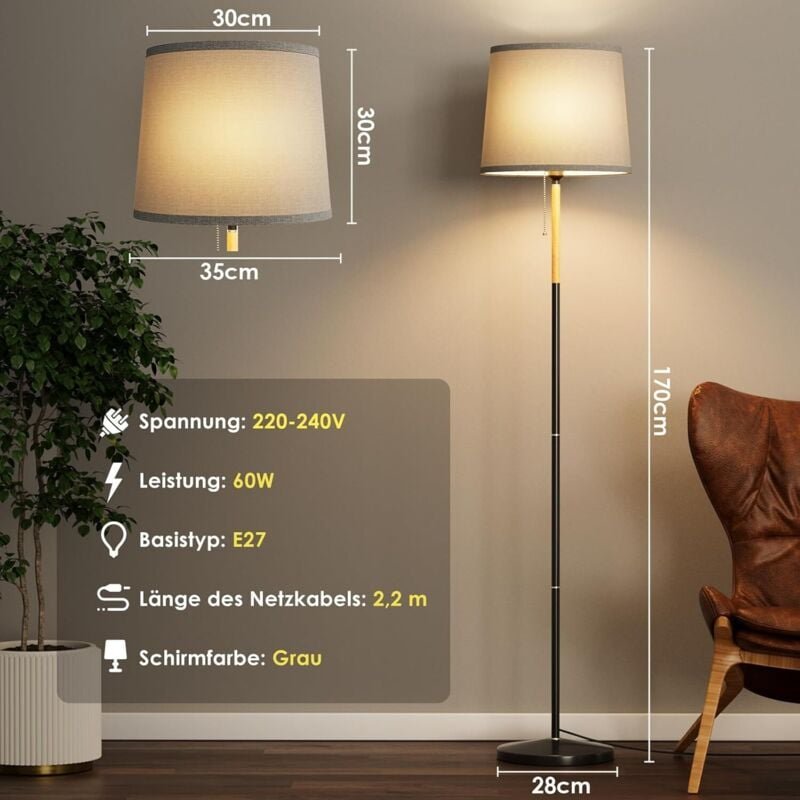 Stehleuchte für Wohnzimmer, E27-Fassung, max. 60 w, weiches natürliches Licht, Höhe 170 cm (Leuchtmittel nicht enthalten...