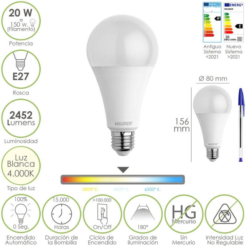 Maurer - Bombilla Led Estandar Rosca E27. 20 Watt. Equivale a 150 Watt. 2452 Lumenes. Luz Neutra (4000º k.)