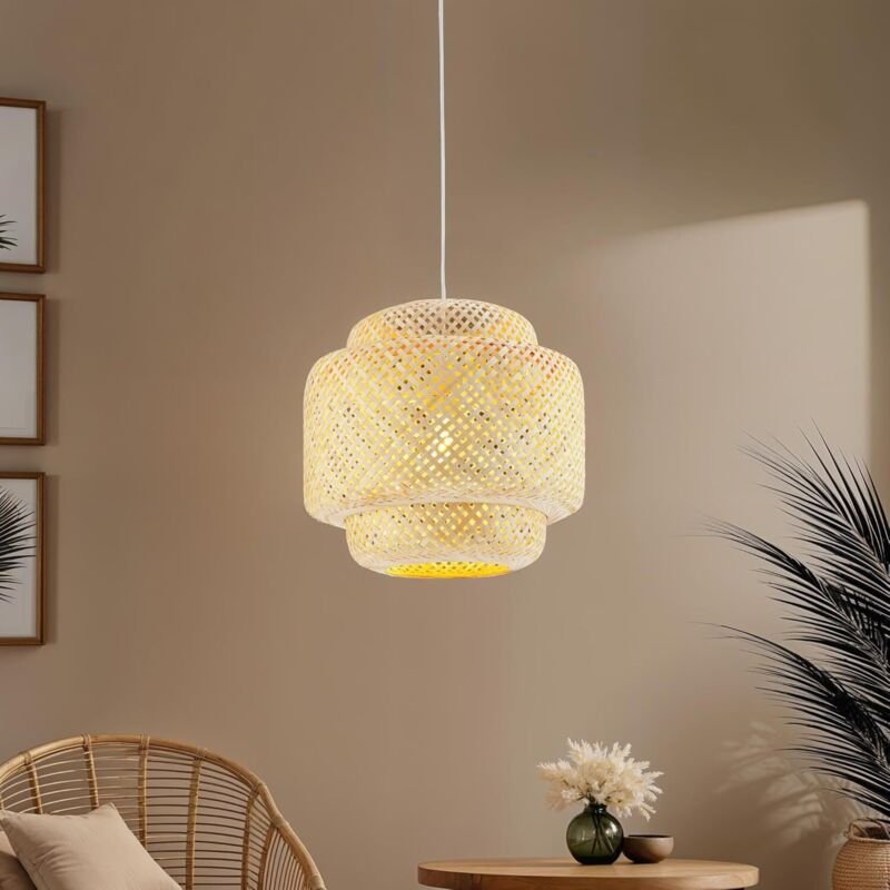 Boho-Pendelleuchte mit Bambusschirm, Deckenleuchte für Wohnzimmer, Esszimmer, Küche, Ankleidezimmer, Deckenbeleuchtung i...