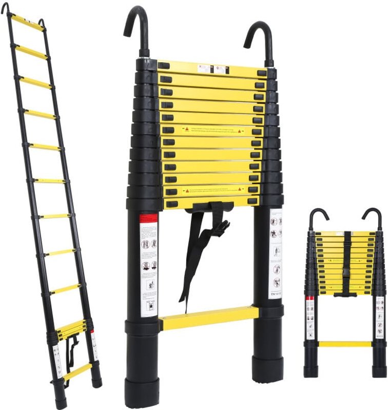 Thumbnail - Teleskopleiter Ausziehleiter Klappleiter Stabil Aluminium Stehleiter bis 150kg 3.8m schwarz+gelb mit haken - Tolletour
