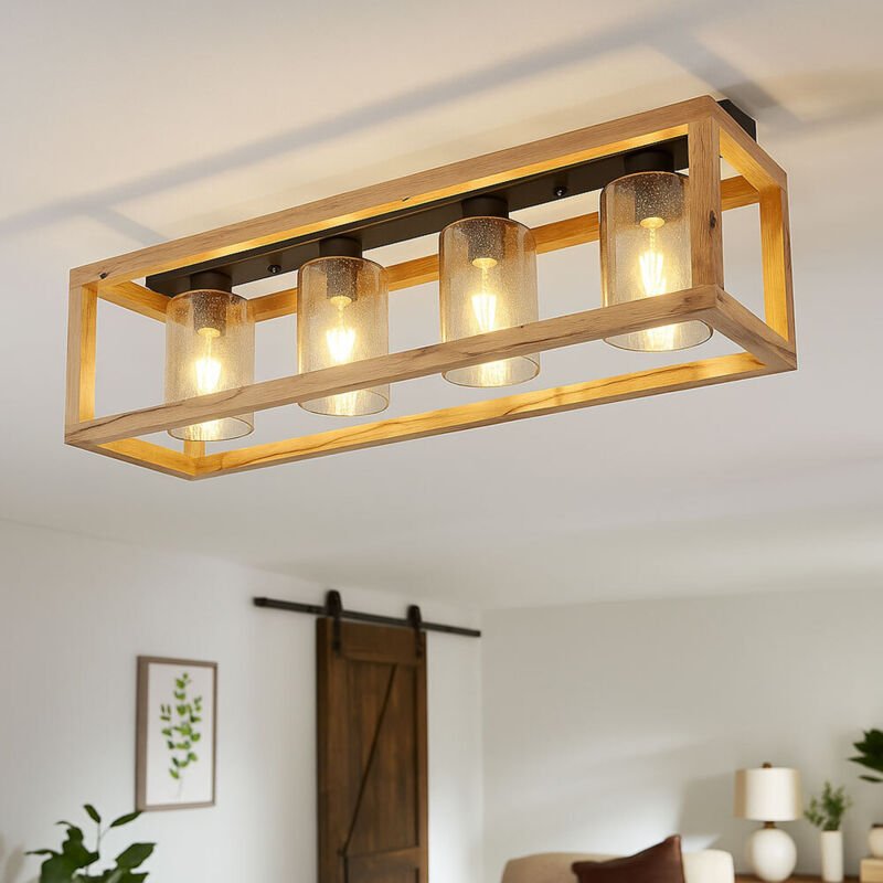 Deckenlampe Esstisch Retro Deckenleuchte rustikal Landhaus Deckenlampe Wohnzimmer Holz, mdf Glas rauch Metall, 4 Flammig...