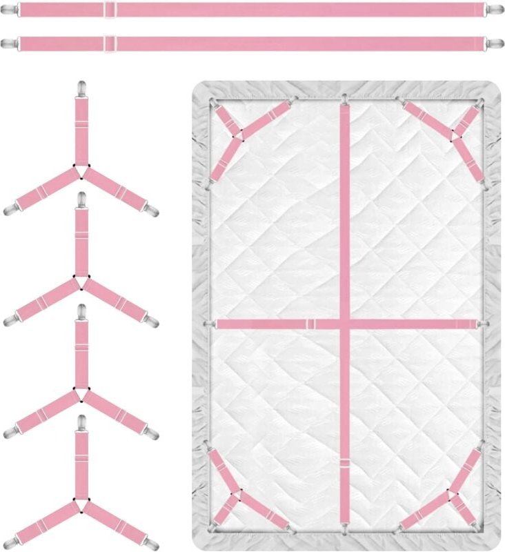 4er-Pack rosa Bettlaken-Befestigungsbänder, 3-fach verstellbare Bettlaken-Clips, Hosenträger, dreieckige elastische Bett...