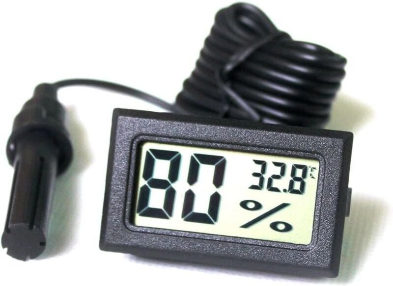 Digitales LCD-Tuner-Thermometer-Hygrometer Eingebaut mit externer Sonde für Geflügel und Reptilien, Schwarz