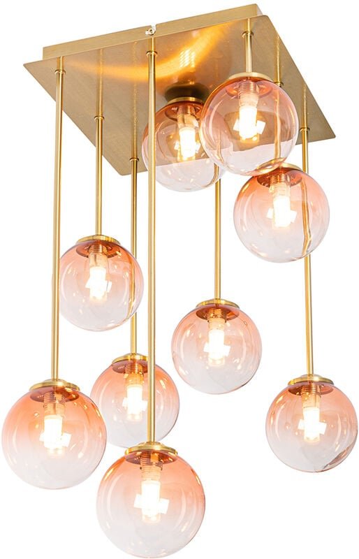 Art-Deco-Deckenlampe Gold mit rosa Glas 9 Lichter - Athen