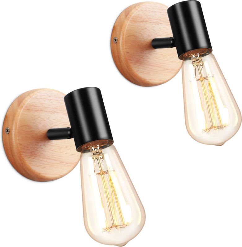 2 Stück Wandlampe Retro Innen Wandleuchte Schwarz Holz für Wohnzimmer, Schlafzimmer, Treppenhaus Flur, Ohne Leuchtmittel
