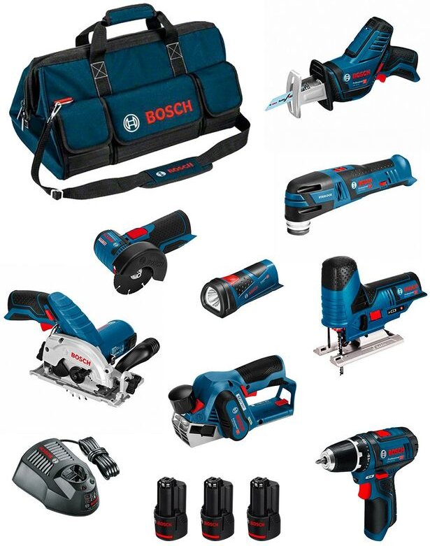 Thumbnail - BOSCH Kit BMKB8-28FD3 (GSR12V-15+GKS12V-26+GWS12V-76+GST12V-70+GOP12V-28+GSA12V-14+GLI12V-80+GHO12V-20+3x2,0Ah+GAL1230CV...