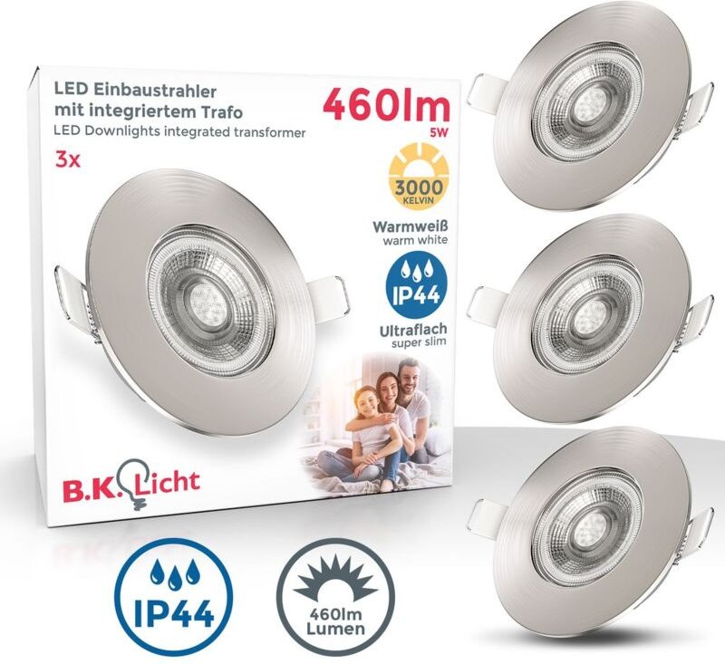 B.k.licht - Einbaustrahler 68mm 3er Set - 230V, 4,9W, 480lm, led, IP44, warmweiß, matt-nickel