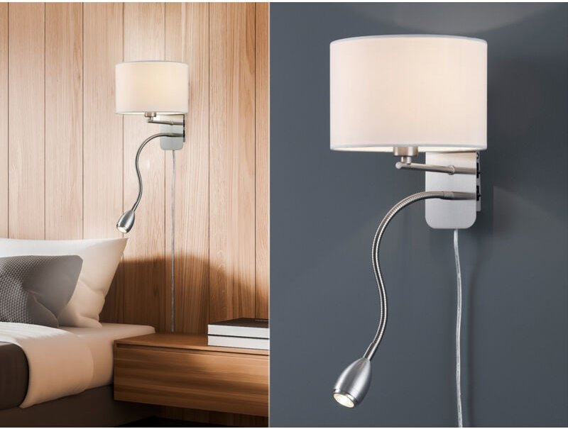 Trio - Wandleuchte hotel mit led Leselampe & Stecker, Stoffschirm Weiß, Höhe 23,5cm