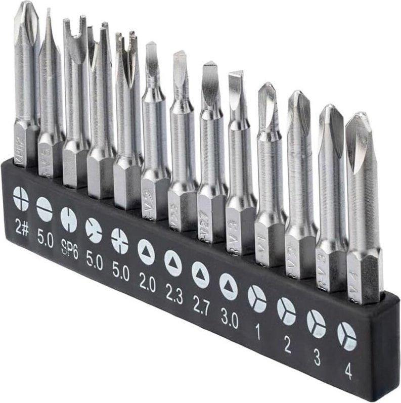 Set mit 13 speziellen magnetischen Stahlschraubendreherbits: 1/4"-Sechskant, Kreuzschlitz, U-förmig, Y-förmig, Dreikant