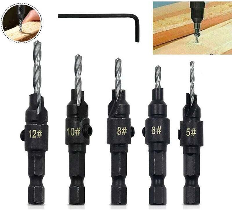 5-teiliges 3-in-1-Senkerbohrer-Set mit verstellbarem Sechskantschaft und Schnellspanner für die Holzbearbeitung mit Inbu...