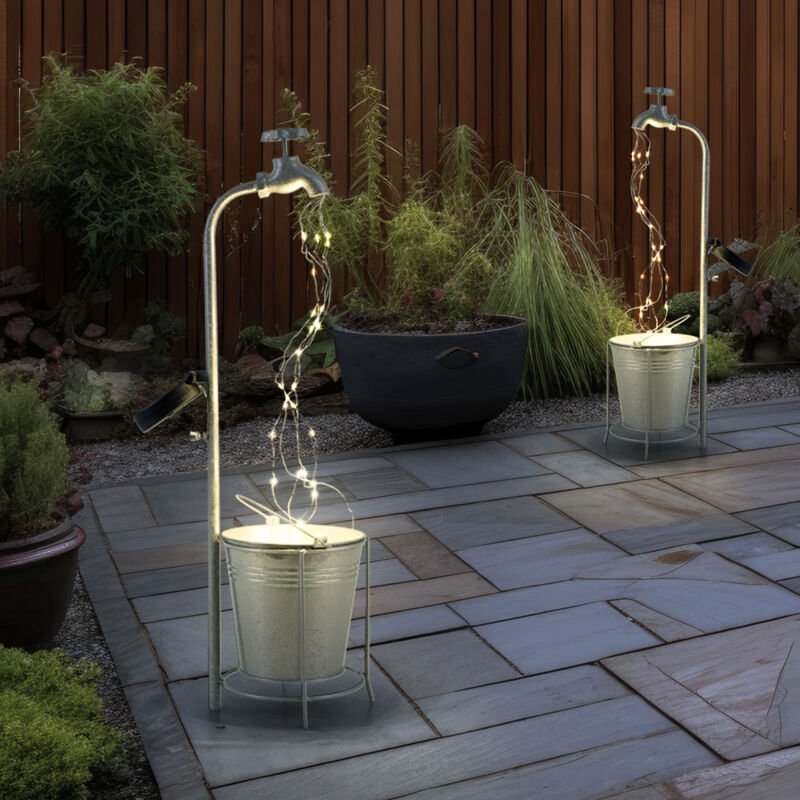 Expo Börse - Solarlampe Wasserhahn 30x led Gartendeko Außenlampe Terrassenlampe, Metall Kunststoff silber, warmweiß, LxH...