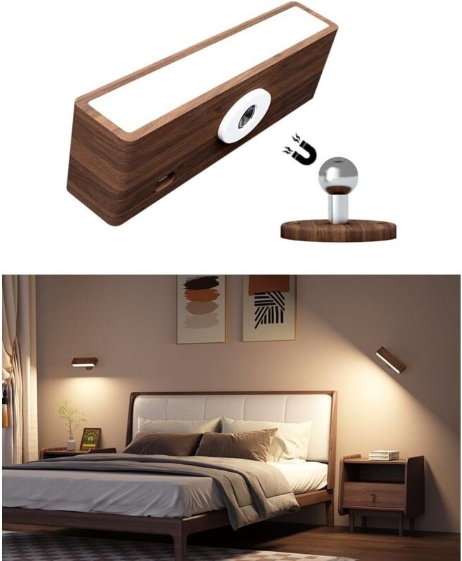 Thumbnail - USB-aufladbare kabellose Wandlampe, Holz-Wandleuchte für den Innenbereich, Helligkeitsanpassung, kabellose Wandleuchte f...