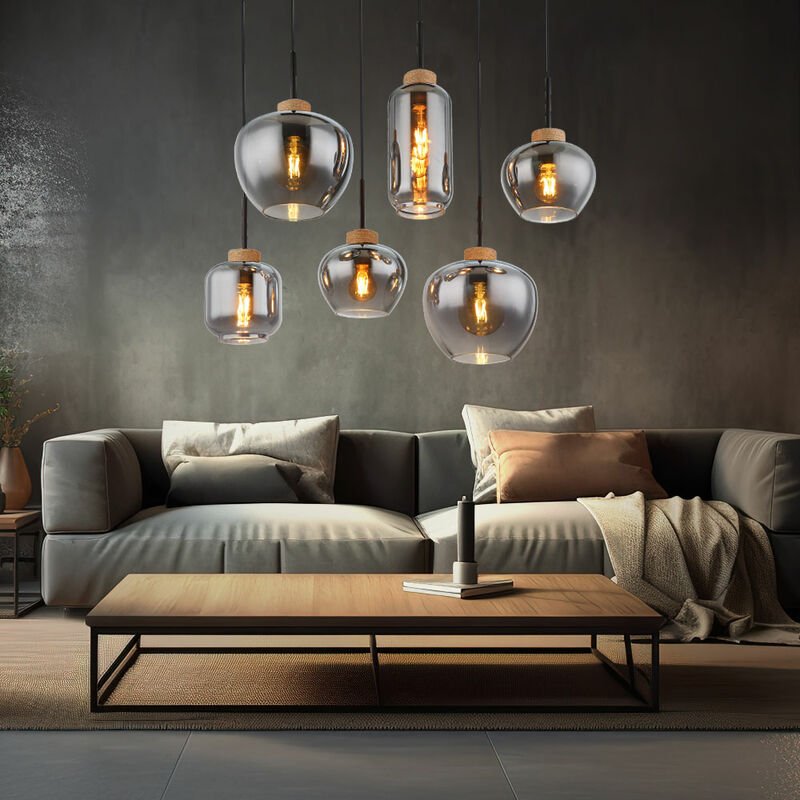 Pendellampe Pendelleuchte Hängelampe Esstischleuchte, 6 flammig, Retro Rauchglas Metall schwarz Hanf braun, 6x E27 Fassu...