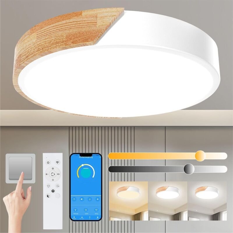 Comely - Holz -led -Deckenleuchte 30W mit Fernbedienung Moderne runde Deckenlampe perfekt für Schlafzimmer Badezimmer Kü...
