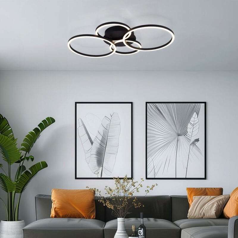 Deckenleuchte Ringleuchte Deckenlampe Innen Leuchte vier Ringe Design, schwarz matt opal, Metall, led, LxBxH: 65,5x40,6x...