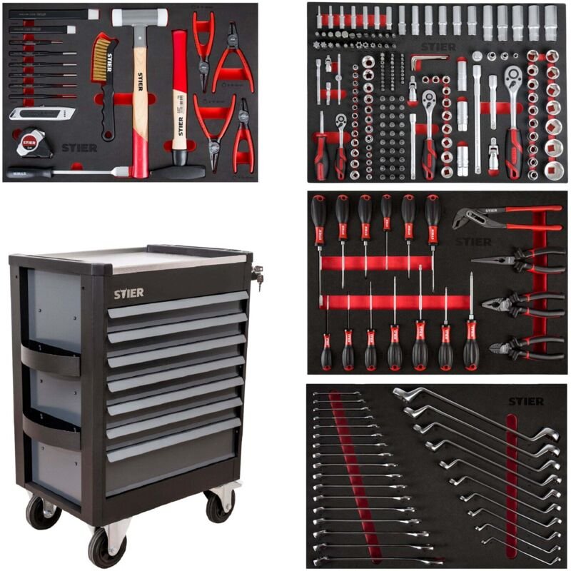 STIER Werkstattwagen Premium mit Edelstahl-Arbeitsfläche, vollständig bestückt 241-teilig, 7 Schubladen, Made in Europe