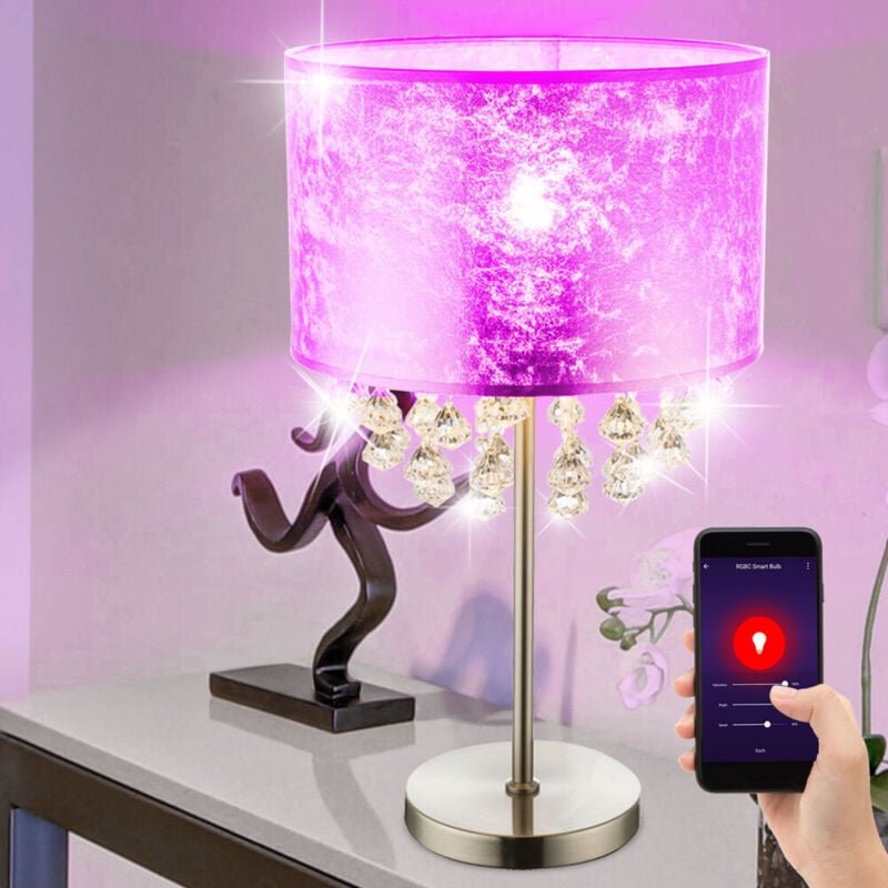 Tischleuchte Kristallleuchte Leselampe Leuchte Schlafzimmer, Kristalldekor Lampenschirm Blattgold Nickel matt, App Steue...