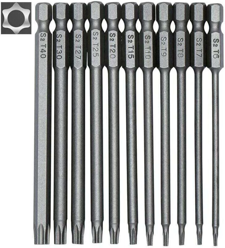 Set mit 11 langen Torx-Bits für Schraubendreher und Bohrmaschinen – Magnetische Bits – 1/4"-Sechskantschaft – Größen T6 ...