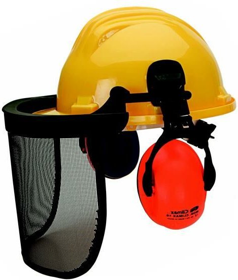 Bauhelm mit Gesichts- und Gehörschutznetz gelb