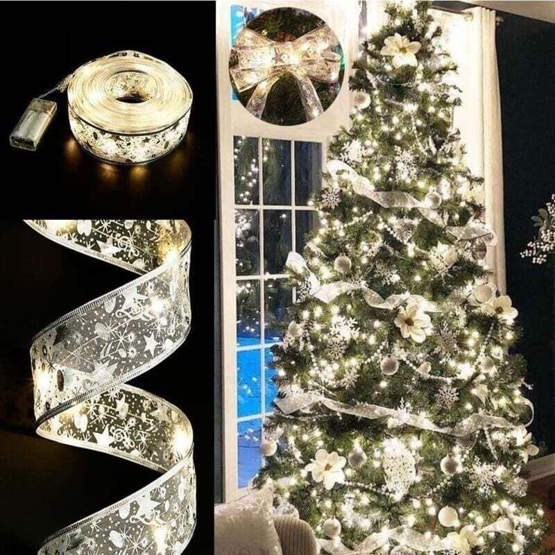 Glitzernde LED-Lichterkette „Silber-1“ mit Schleife für den Weihnachtsbaum (warmweiß), Länge: 5 m