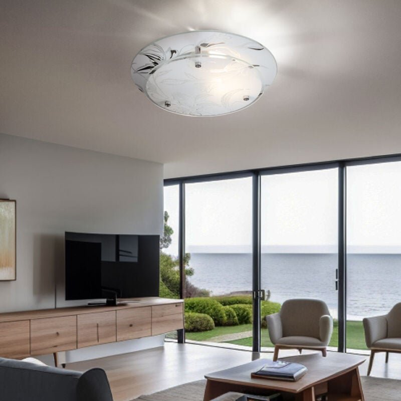 Thumbnail - Globo - Glas Deckenleuchte rund Deckenlampe E27 Küchenlampe modern Wohnzimmerleuchte chrom, Blumen Dekor weiß, DxH 25x9,...